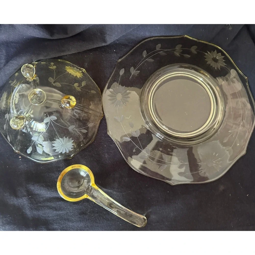 Vintage Yellow Depression Glass Etched Floral Bowl Underplate Ladle Set  MCM